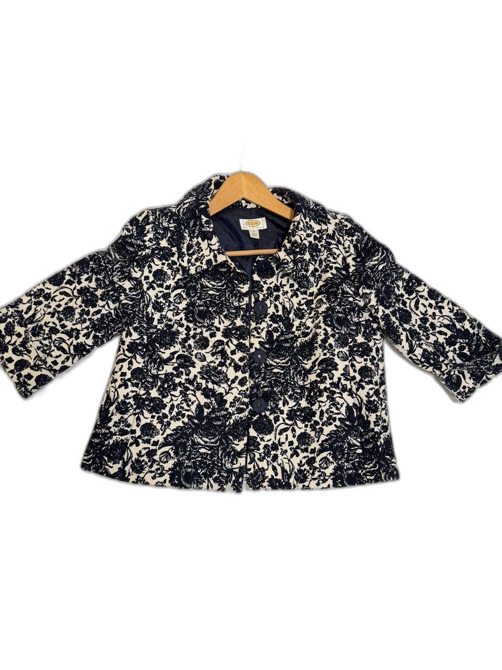 Talbots Navy and Cream Floral Button-Front Blazer
